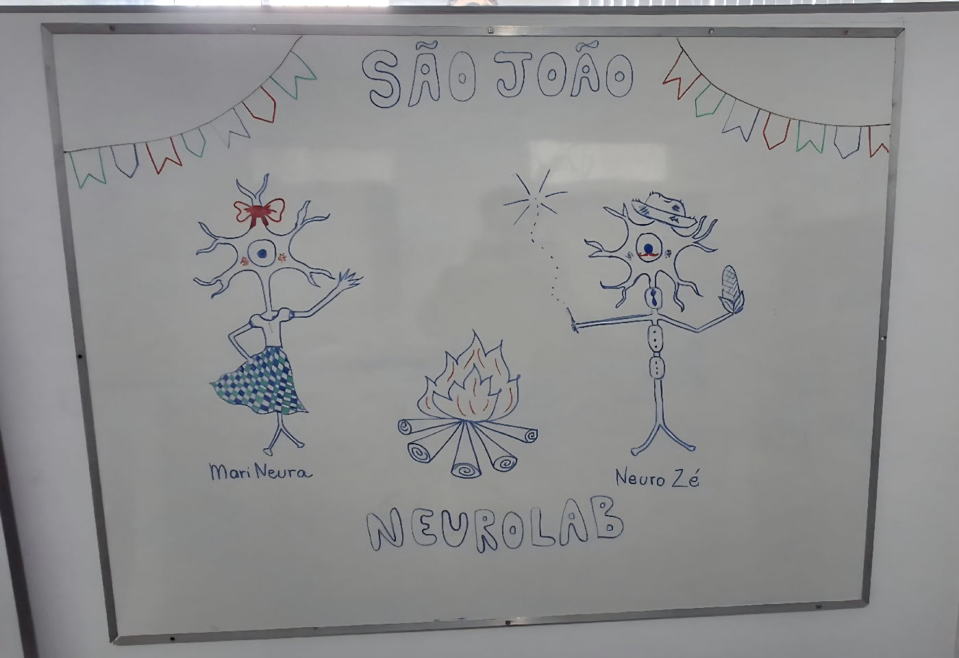 Quadro branco do NeuroLab decorado para o São João, com os personagens Mari Neura e Neuro Zé ao lado de uma fogueira